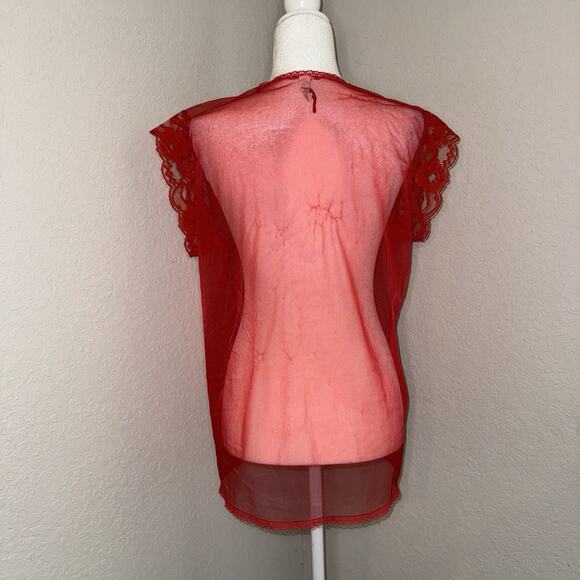 Vintage Red Trim Lace Short Sheer Mesh Nightie Robe Lingerie Women’s Small - Picture 2 of 9